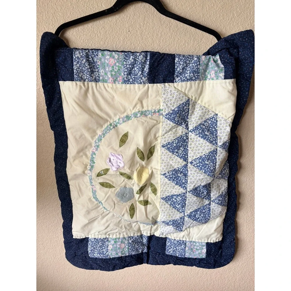Patchwork Baby Quilt Floral Applique‎ Blue White Cottagecore Standard Sham